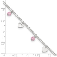 Sterling Silver Pink Glass Beads and Polished Hearts 1in w/ext. Anklet