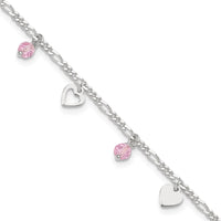 Sterling Silver Pink Glass Beads and Polished Hearts 1in w/ext. Anklet