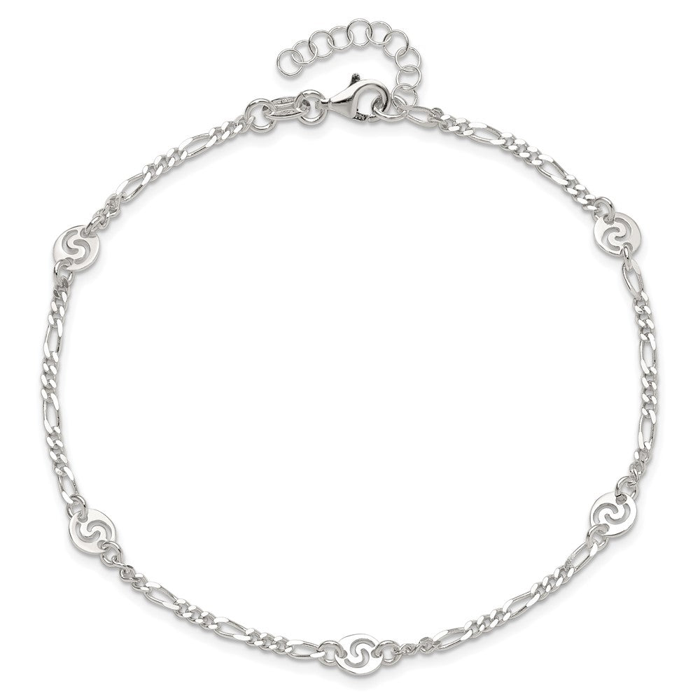 Sterling Silver Polished Swirl Disc 9in Plus 1in ext. Anklet