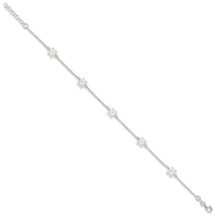 Sterling Silver Polished Flower 9in Plus 1in Ext. Anklet