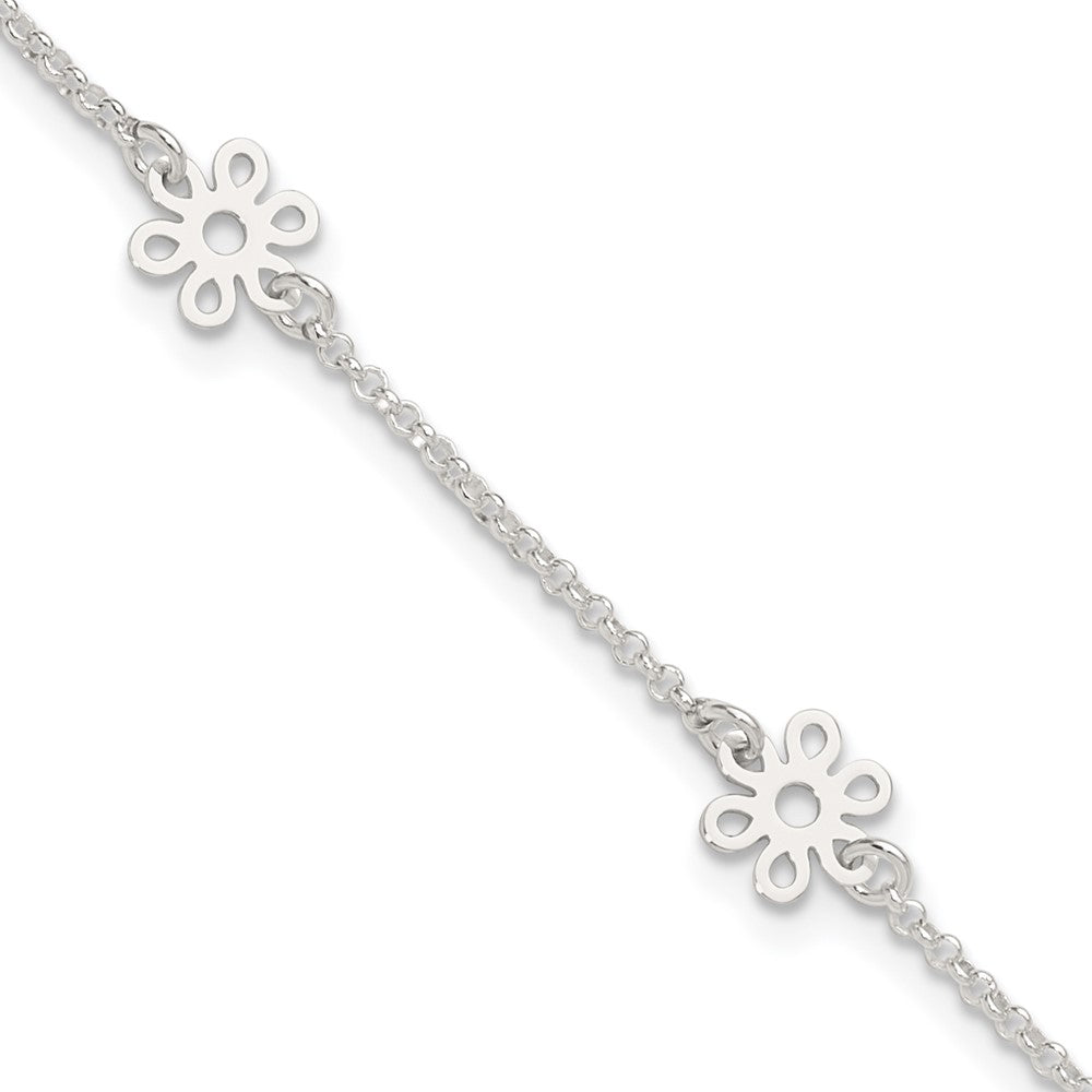 Sterling Silver Polished Flower 9in Plus 1in Ext. Anklet