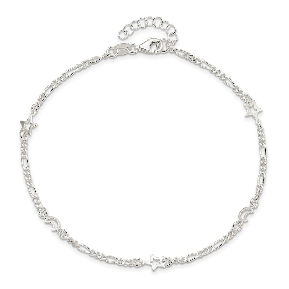 Sterling Silver Polished Moon and Star 9in Plus 1in Ext. Anklet