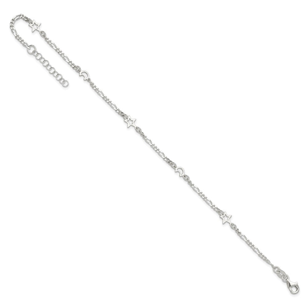 Sterling Silver Polished Moon and Star 10in Plus 1in Ext. Anklet
