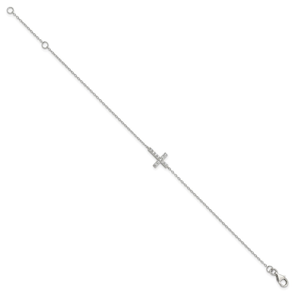 Sterling Silver Rhodium-plated CZ Sideways Cross w/1in Ext Bracelet