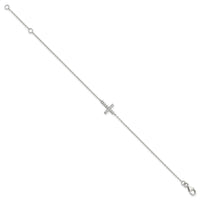 Sterling Silver Rhodium-plated CZ Sideways Cross w/1in Ext Bracelet