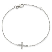 Sterling Silver Rhodium-plated CZ Sideways Cross w/1in Ext Bracelet