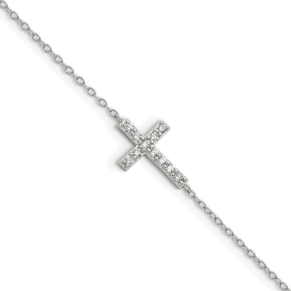 Sterling Silver Rhodium-plated CZ Sideways Cross w/1in Ext Bracelet