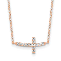 Sterling Silver Rose Gold-plated CZ Sideways Cross w/2in Ext Necklace