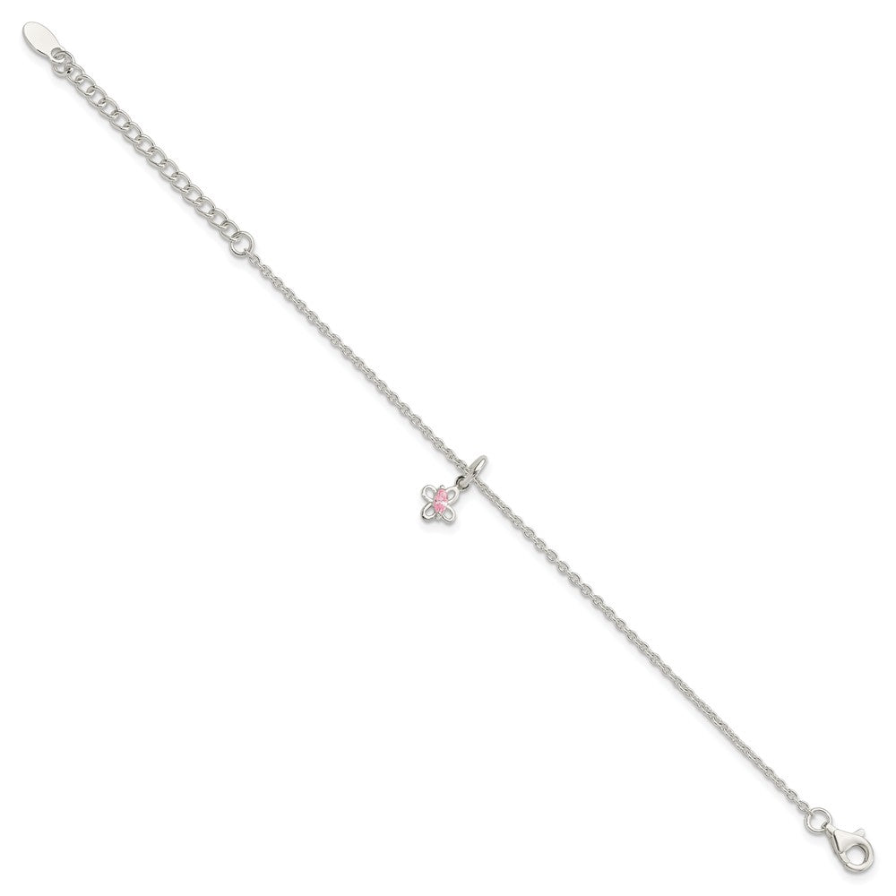 Sterling Silver Polished Pink CZ Butterfly w/ 1.5in Ext. Children's Bracele