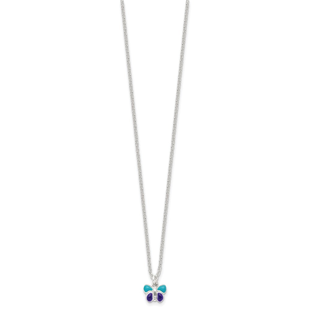 Sterling Silver Polished Enameled Butterfly 15 inch w/1.5in ext Necklace
