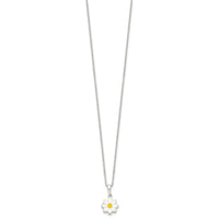 Sterling Silver Polished Yellow & White Enameled Flower 15 Inch Necklace