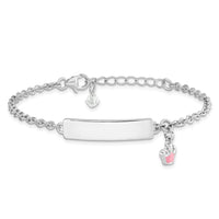 SS RH-plated Pink Enamel Crown w/ 1in Ext. Children's ID Bracelet