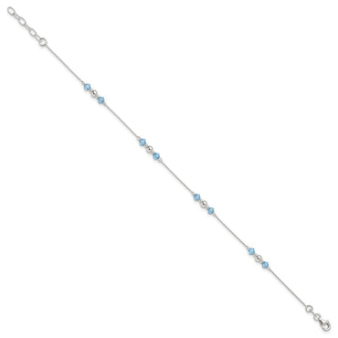 Sterling Silver Polished CZ and Bead 10in Plus 1in ext. Anklet