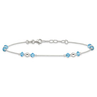 Sterling Silver Polished Bead and CZ 9in Plus 1in. Ext. Anklet