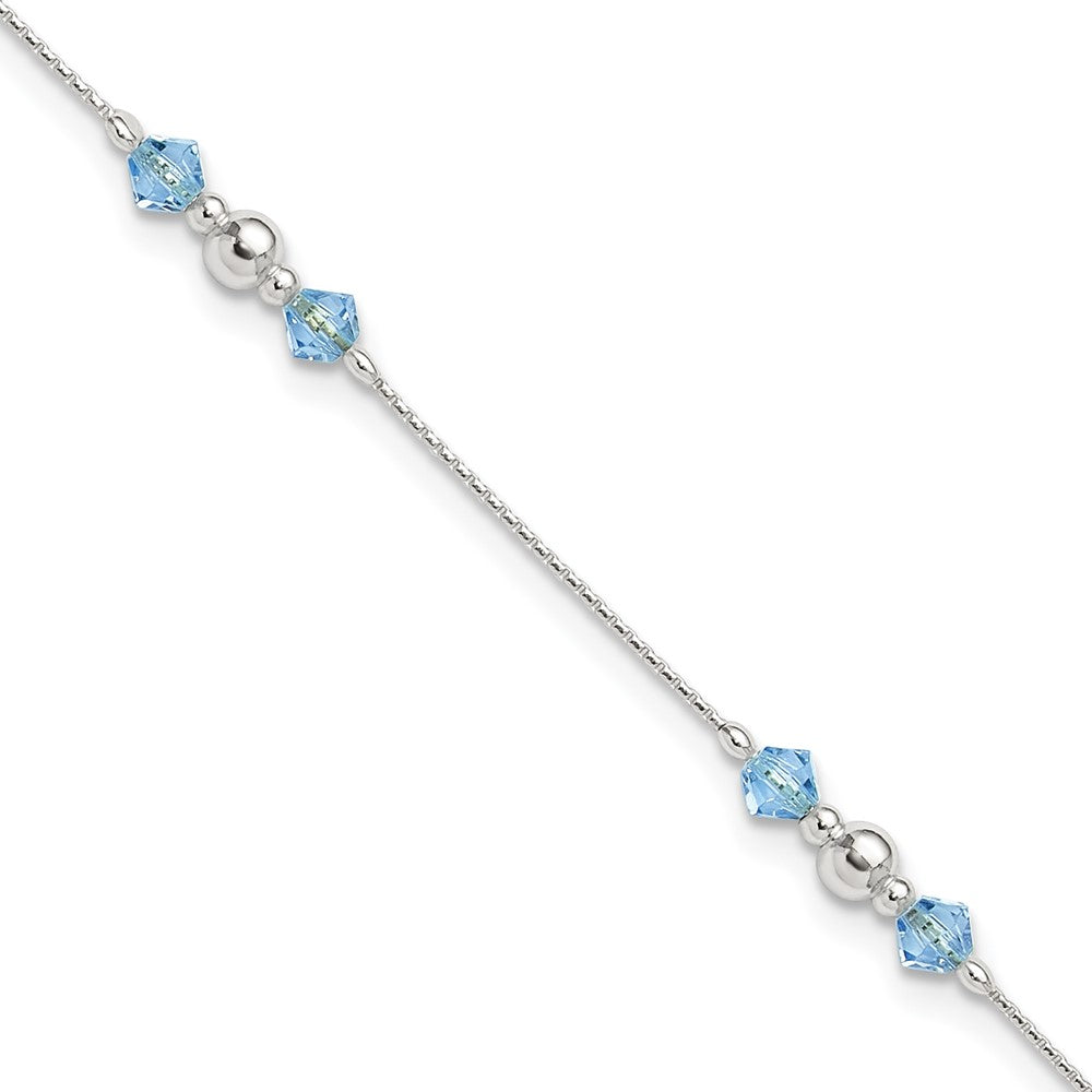 Sterling Silver Polished CZ and Bead 10in Plus 1in ext. Anklet