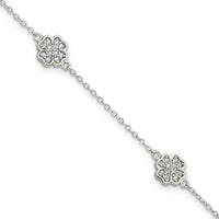 Sterling Silver Rhodium-plated Polished CZ Four Leaf Clover 7in Bracelet