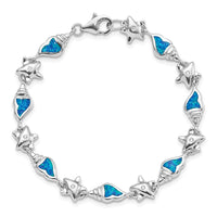 Sterling Silver Rhodium Starfish CZ/Created Opal Seashell Bracelet