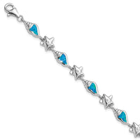 Sterling Silver Rhodium Starfish CZ/Created Opal Seashell Bracelet