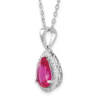 Sterling Silver Rhodium Polished Created Ruby and CZ Necklace