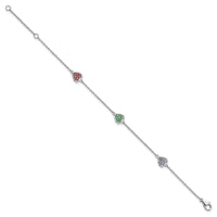 Sterling Silver RH-plt Red/Green/Blue Glass Heart 6in w/1in ext. Bracelet