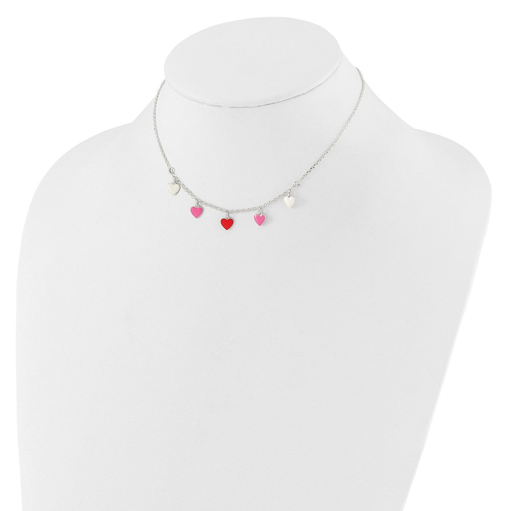 Sterling Silver Polished Pink/Red/White Enamel Heart 14 Inch Necklace
