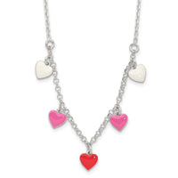 Sterling Silver Polished Pink/Red/White Enamel Heart 14 Inch Necklace