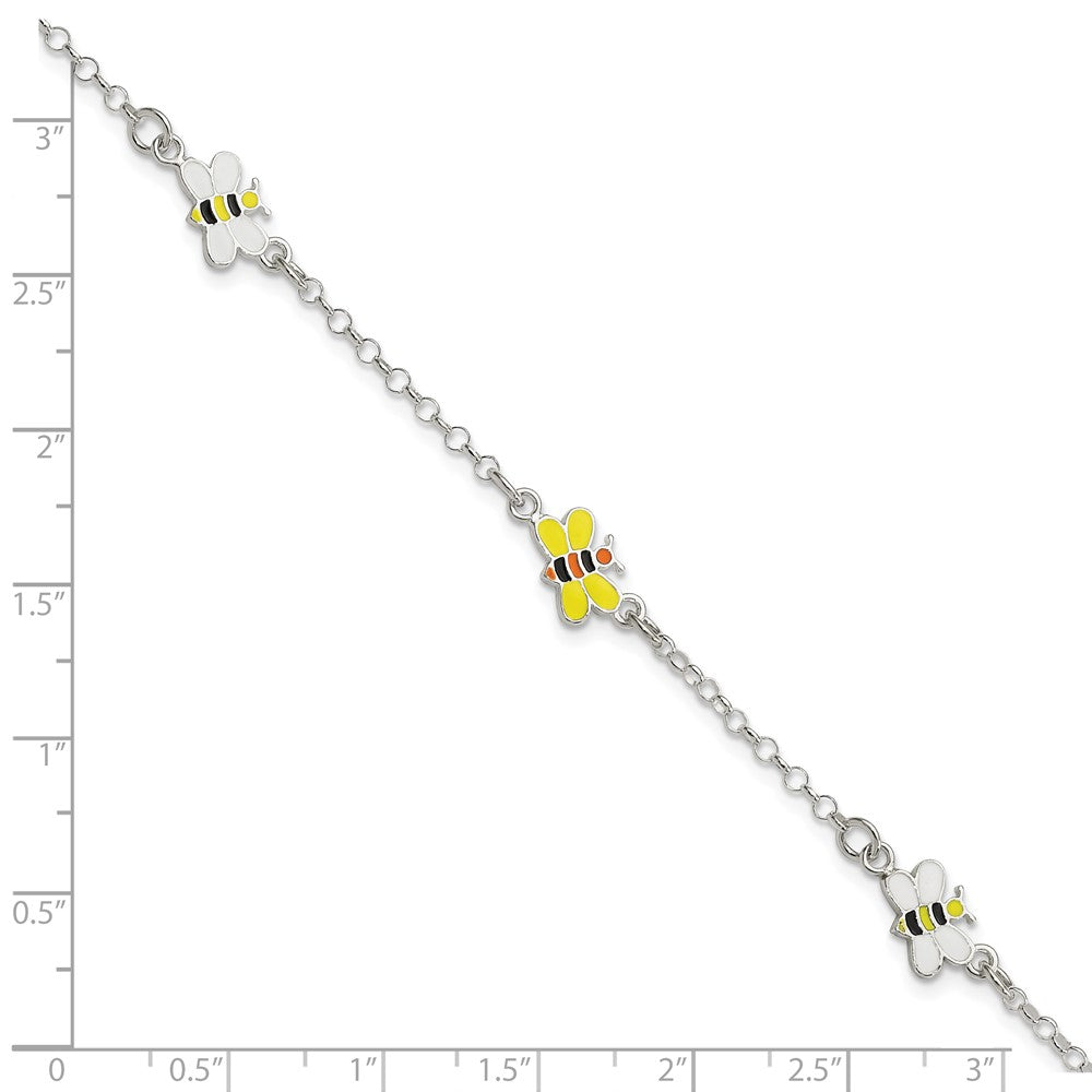 Sterling Silver Polished & Enameled Bees 5in +1in ext. Bracelet