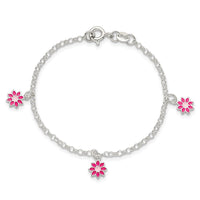 Sterling Silver Polished Pink Enameled Dangle Flowers Bracelet