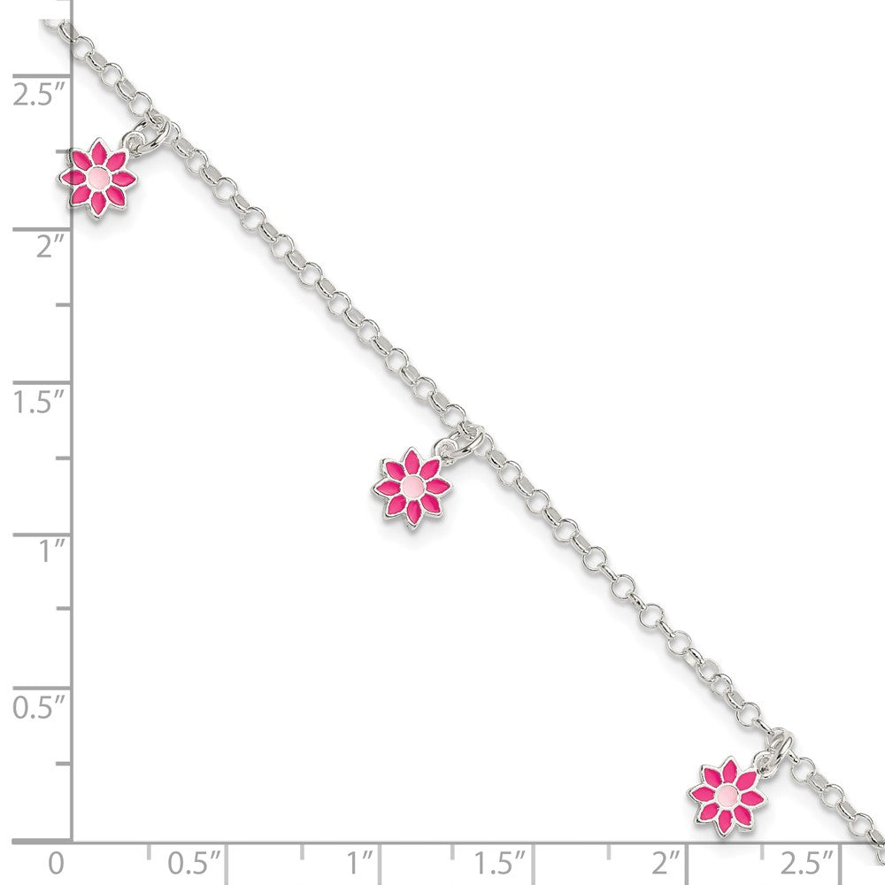 Sterling Silver Polished Pink Enameled Dangle Flowers Bracelet