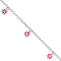 Sterling Silver Polished Pink Enameled Dangle Flowers Bracelet