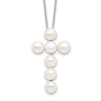 Sterling Silver Rhodium-plated 6-7mm White FWC Pearl Cross Necklace