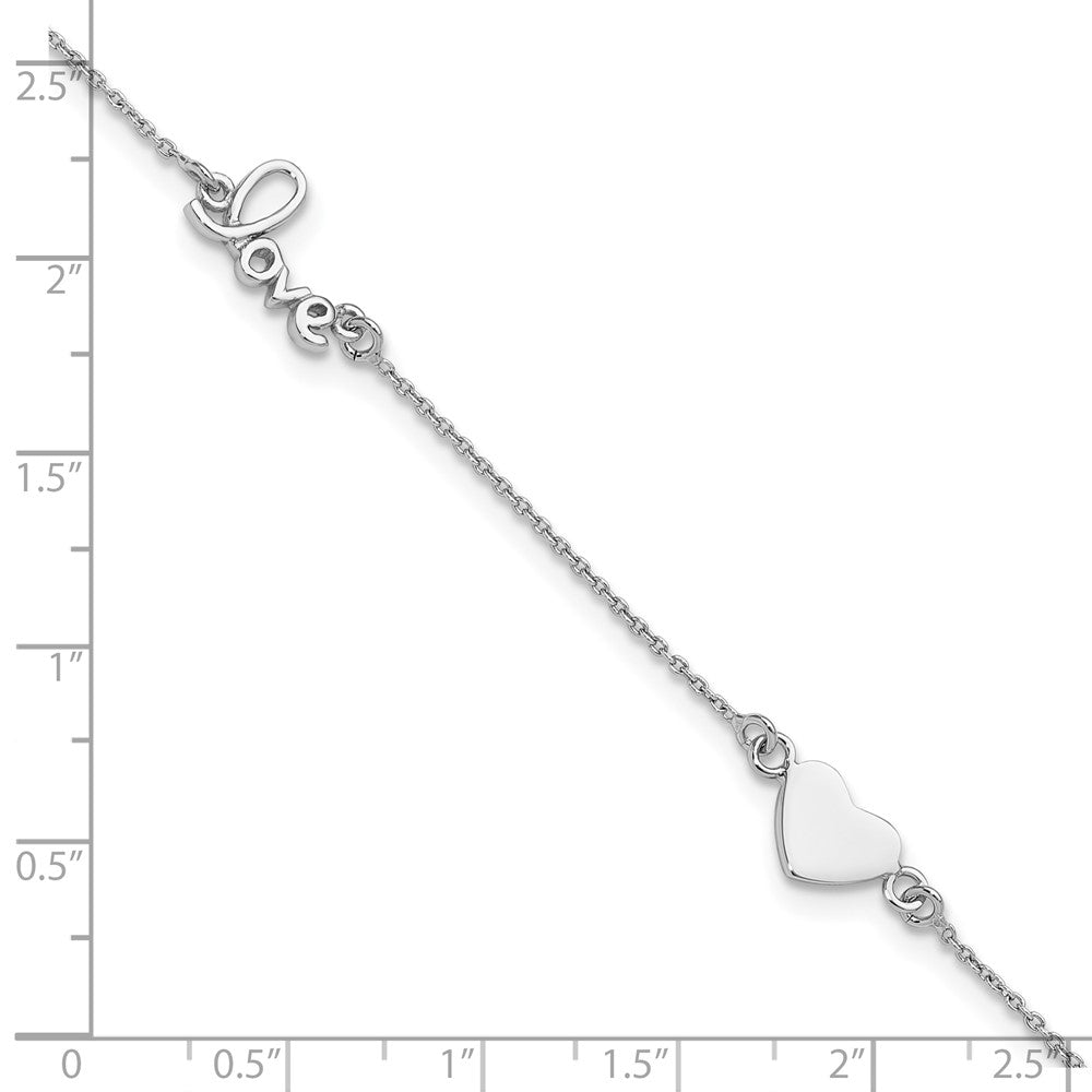 Sterling Silver Rhodium-plated Heart and LOVE 9in Plus 1in ext. Anklet