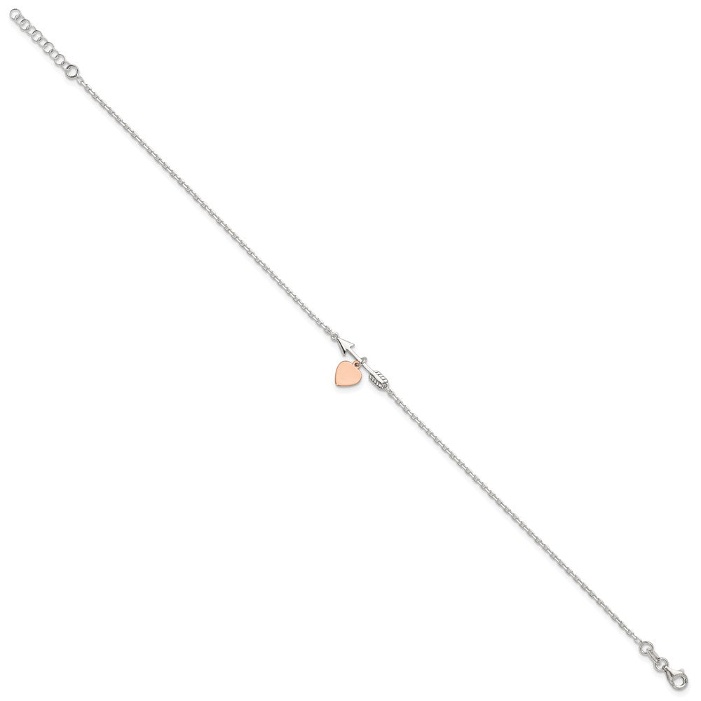 Sterling Silver Arrow with Rose-tone Heart 10in Plus 1 inch Ext Anklet