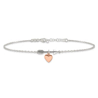 Sterling Silver Arrow with Rose-tone Heart 10in Plus 1 inch Ext Anklet