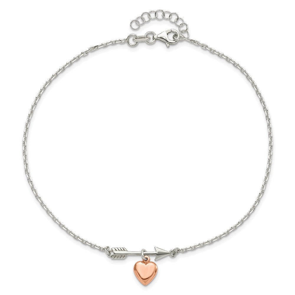 Sterling Silver Arrow with Rose-tone Heart 10in Plus 1 inch Ext Anklet