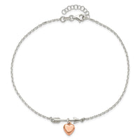 Sterling Silver Arrow with Rose-tone Heart 10in Plus 1 inch Ext Anklet