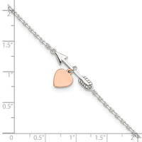 Sterling Silver Arrow with Rose-tone Heart 10in Plus 1 inch Ext Anklet