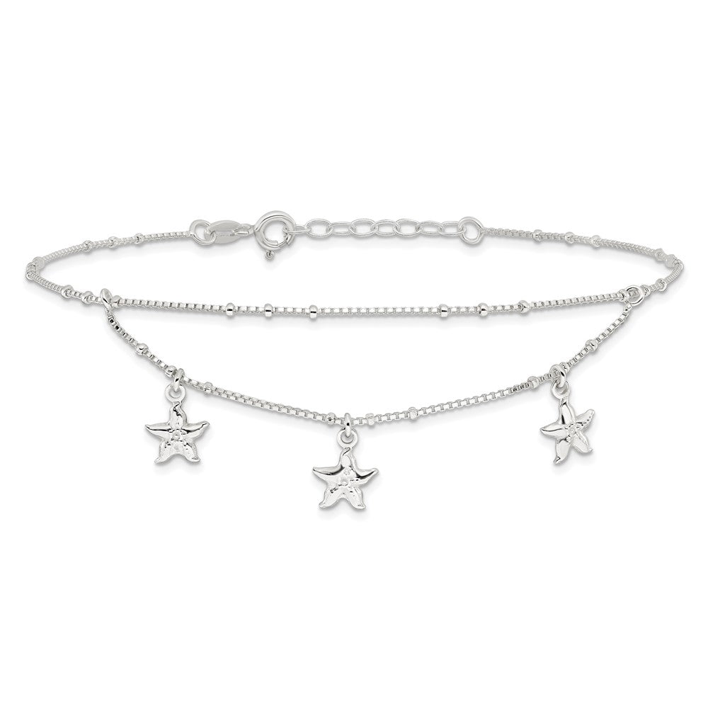 Sterling Silver Polished 2-Strand Starfish 9in Plus 1in Ext Anklet