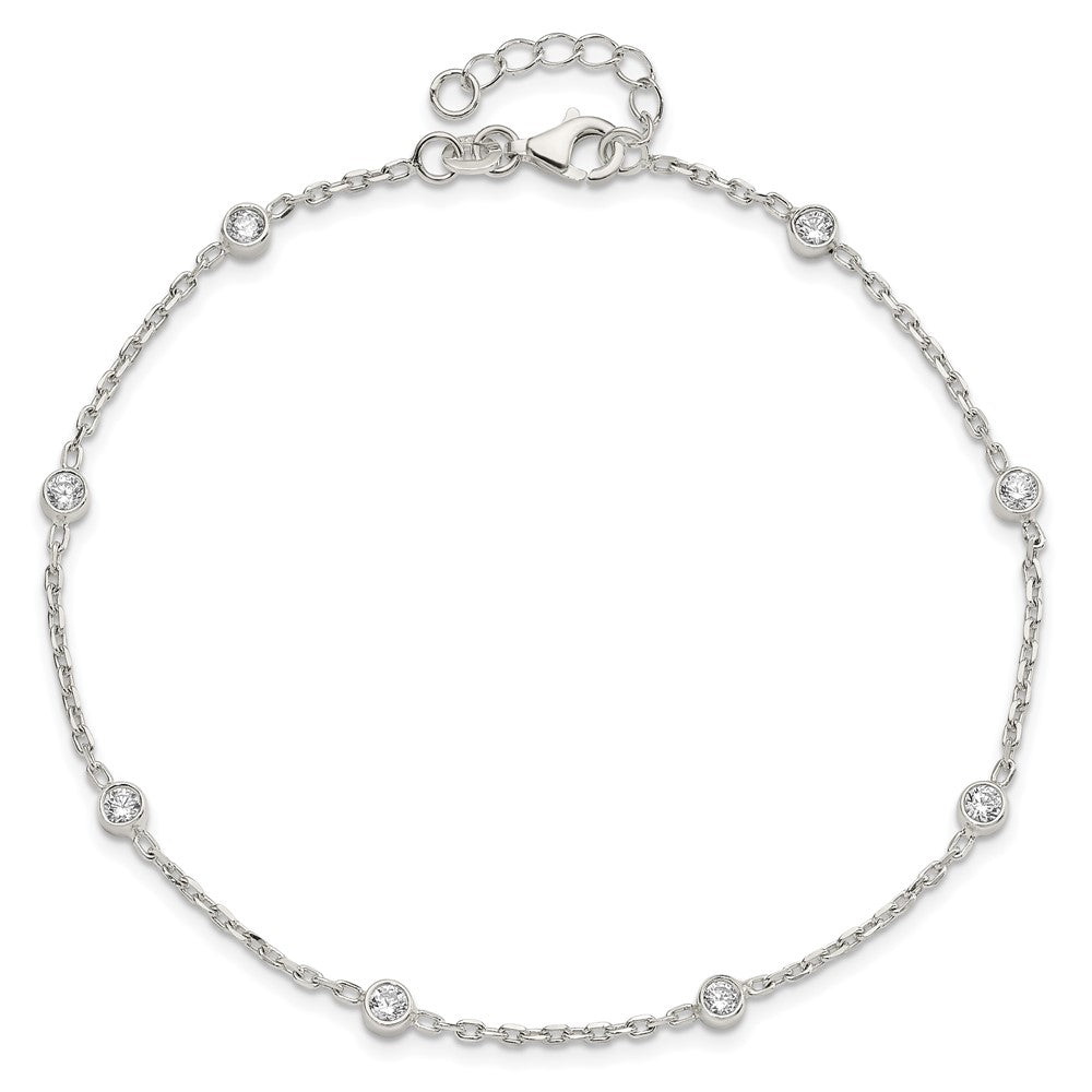 Sterling Silver Polished w/CZ 9 inch Plus1 inch Ext. Anklet