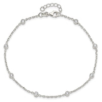 Sterling Silver Polished w/CZ 9 inch Plus1 inch Ext. Anklet