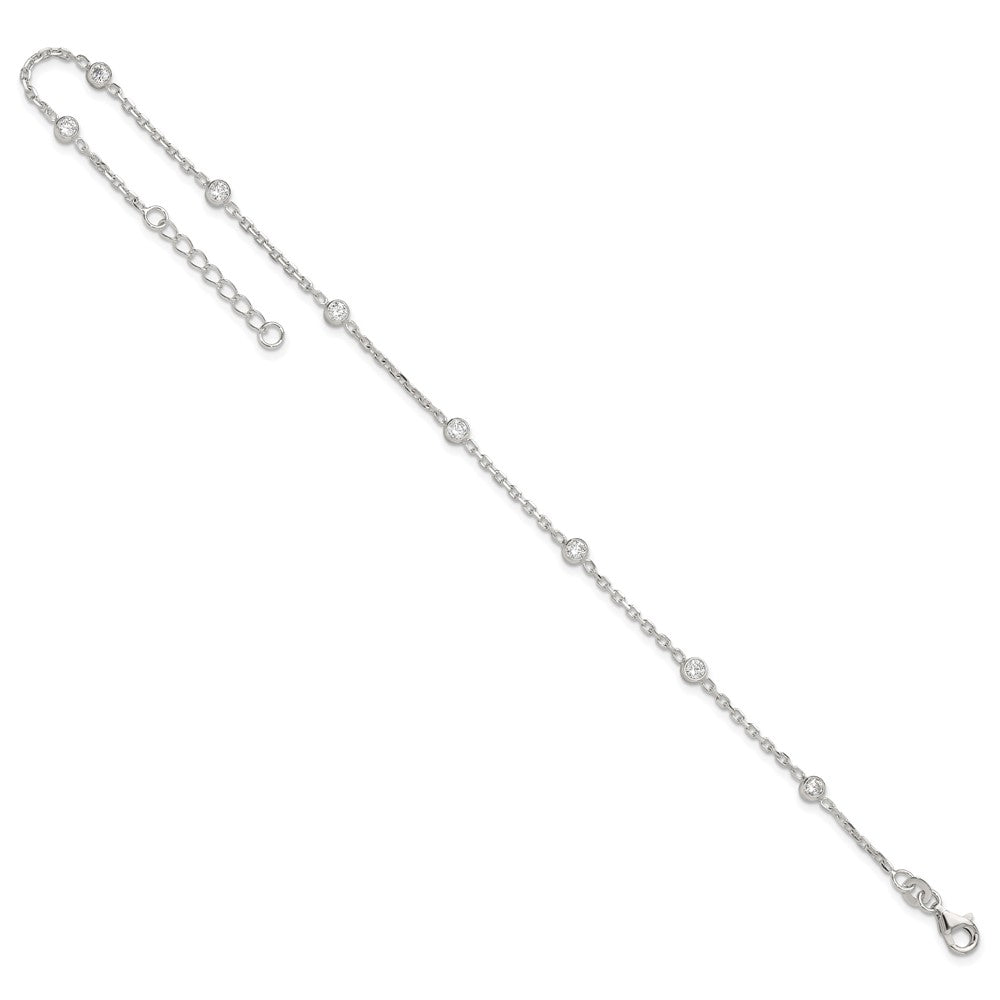 Sterling Silver Polished w/CZ 9 inch Plus1 inch Ext. Anklet