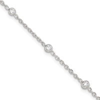 Sterling Silver Polished w/CZ 9 inch Plus1 inch Ext. Anklet
