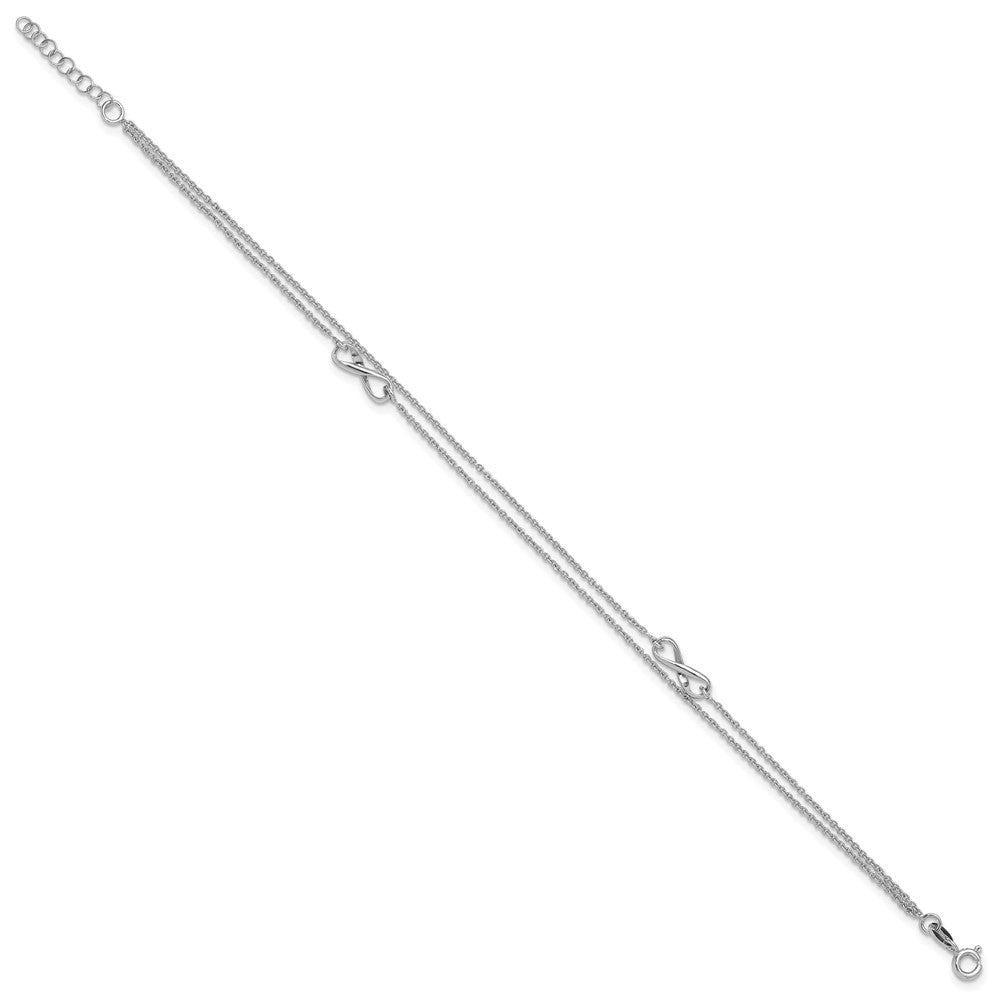 Sterling Silver Rhodium-plated 2-Strand 9in Plus 1in ext. Infinity Anklet