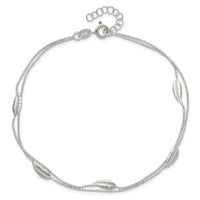 Sterling Silver Polished 2-Strand Feather 10in Plus 1in Ext Anklet