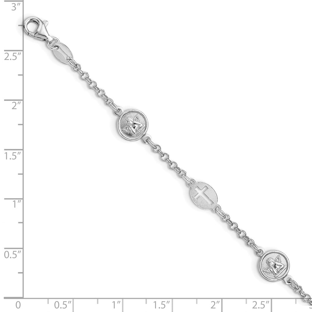 Sterling Silver Rhodium Plated Cross and Angel Bracelet