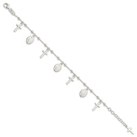 Sterling Silver Polished w/1in ext Cross Miraculous Medal Bracelet