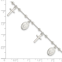 Sterling Silver Polished w/1in ext Cross Miraculous Medal Bracelet