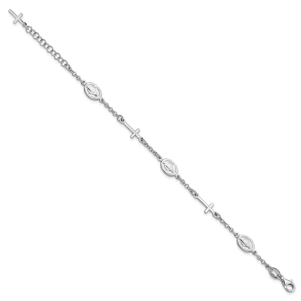 Sterling Silver RH-Plate Cross Miraculous Medal 6in w/1in ext Bracelet