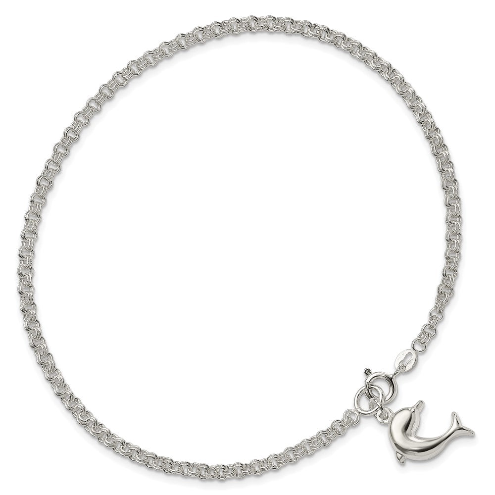 Sterling Silver 10inch Hollow Polished 3-D Dolphin Anklet