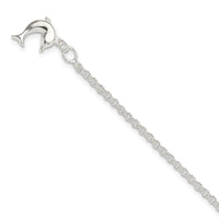 Sterling Silver 9inch Hollow Polished 3-D Dolphin Anklet